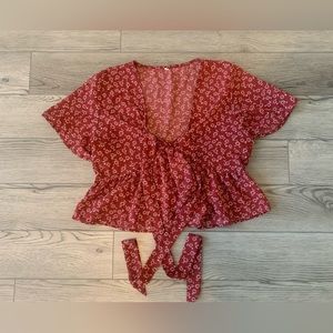 Small Red and White front tie blouse